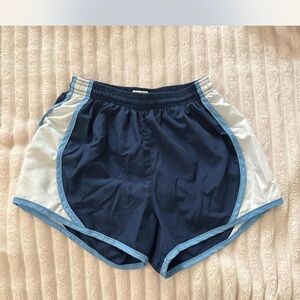 Blue and White Athletic Shorts with Curved Hem and Elastic Waistband
